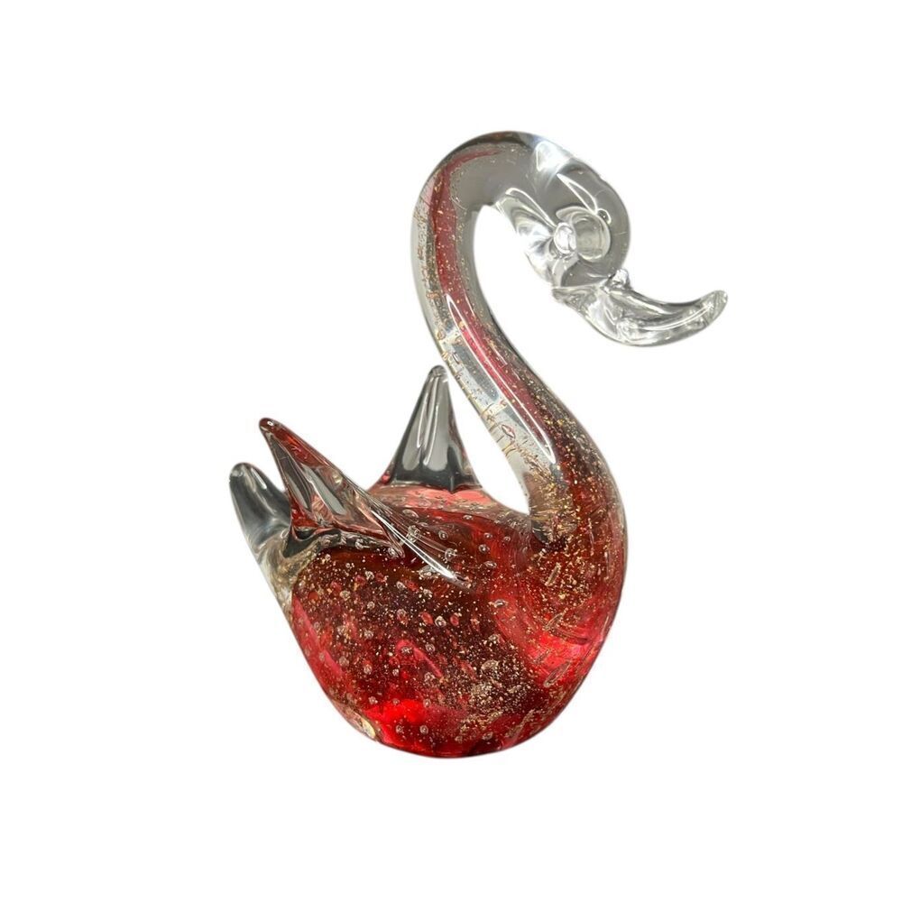 Vintage Murano Blown Art Glass Swan Figurine Red Bubble Effect